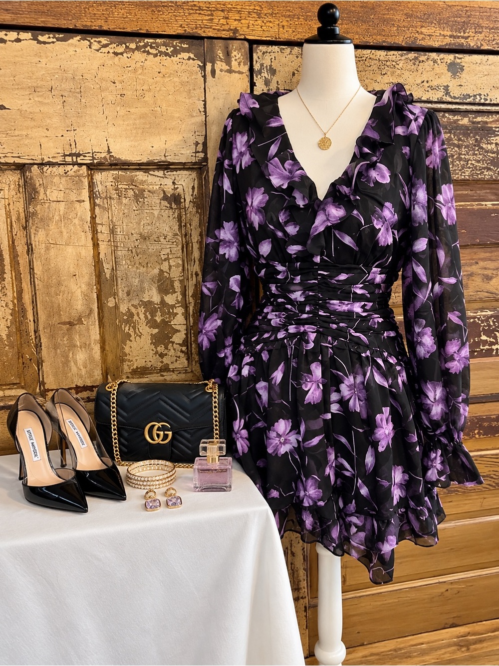 VICI Black Purple Floral Ruched Ruffle Mini Dress | NWOT | Size M